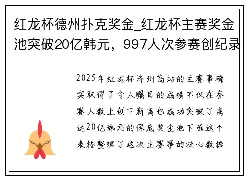 红龙杯德州扑克奖金_红龙杯主赛奖金池突破20亿韩元，997人次参赛创纪录